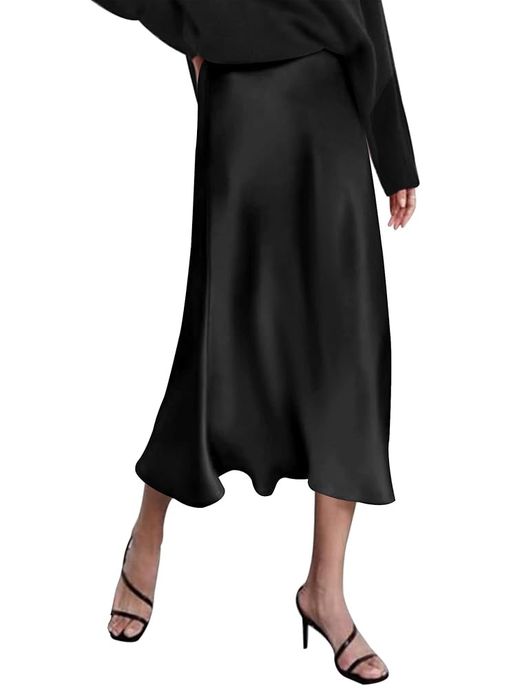 HOTOUCH Womens Midi Skirt High Waisted Solid Satin Dress Zipper Elegant Work Skirts | Amazon (US)