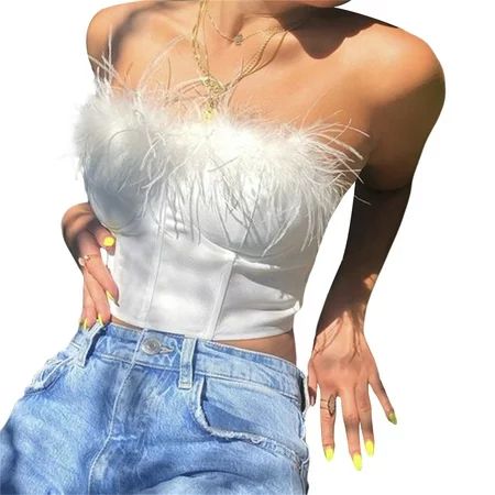 Women Bustier Top Furry Feather Corset Strapless Backless Off Shoulder Tube Crop Top Party Clubwea | Walmart (US)