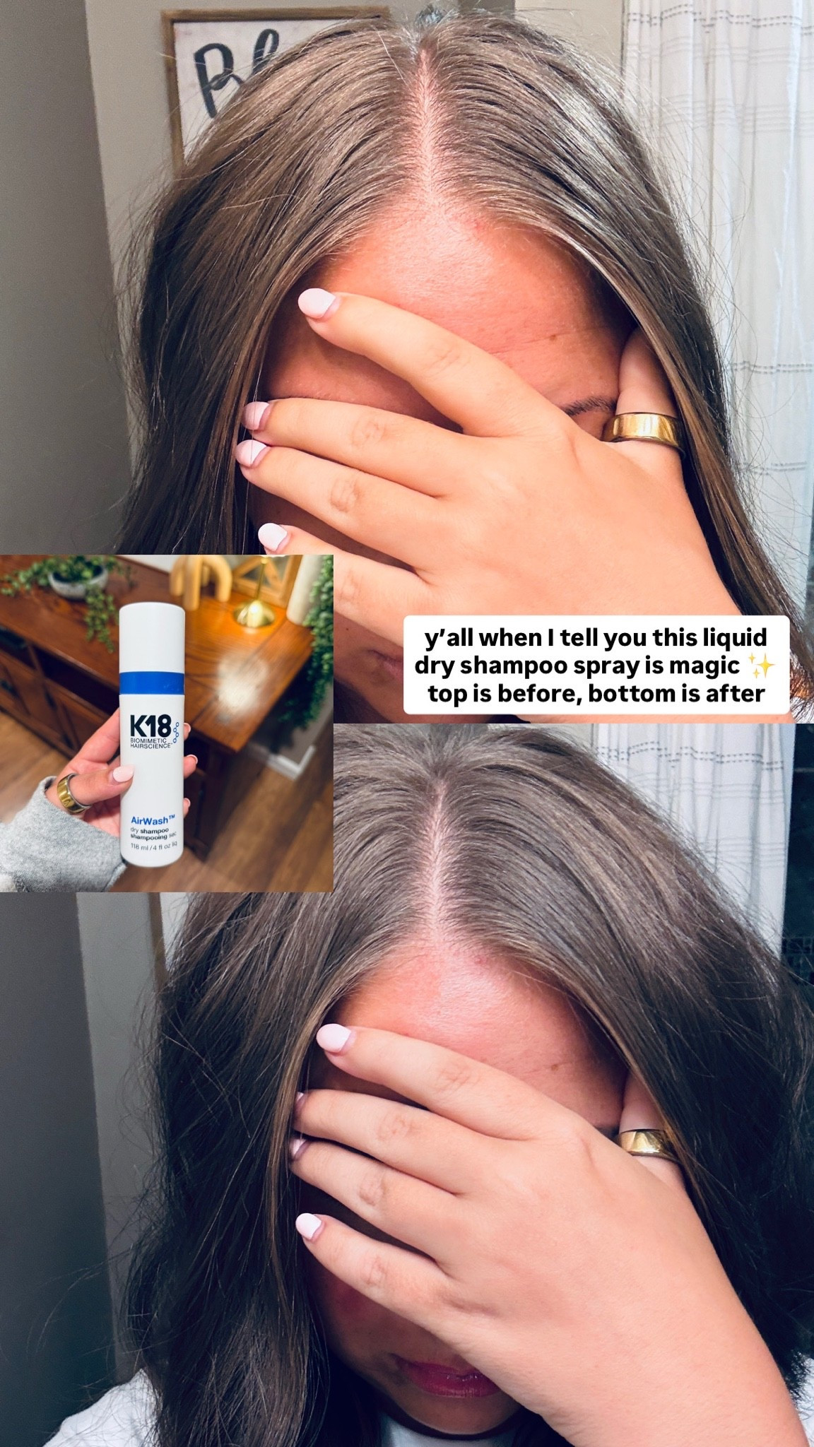 This dry shampoo is pricey, but man is it worth it. It comes out wet (which feels so wrong!) & after letting it dry for a bit, I fluff my hair & it looks freshly washed. This is day three hair, the top pic is the before & the bottom pic is the after.