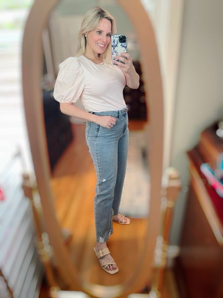 Pink puff sleeve t-shirt, high rise jeans, flat sandals 

#LTKfindsunder100 #LTKfindsunder50 #LTKover40