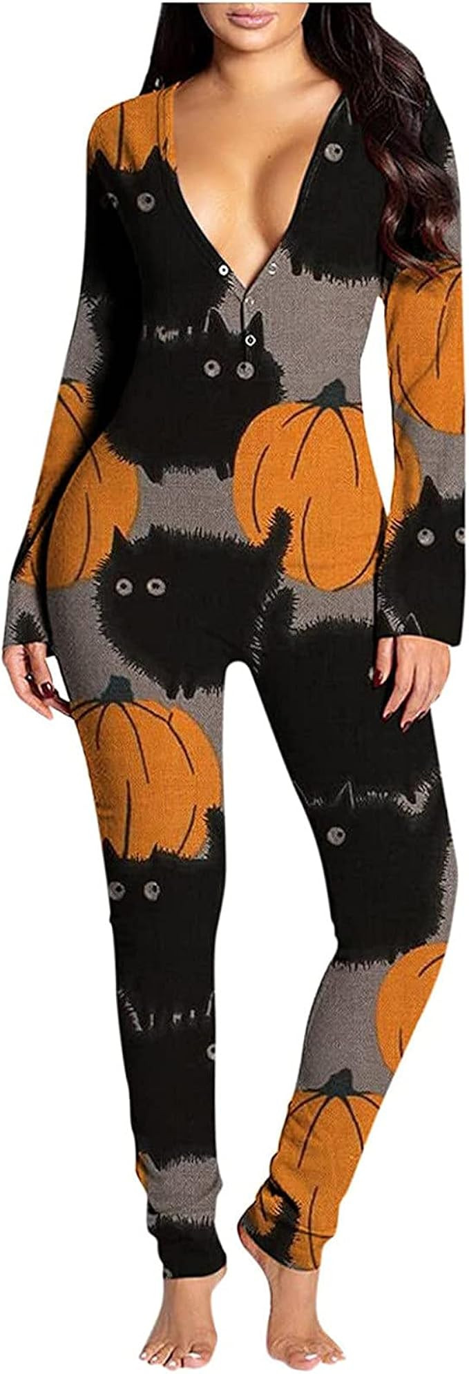 Halloween Onesies Pajamas for Women Sexy Bodysuit Deep V Neck Rompers Long Sleeve Bodycon Jumpsui... | Amazon (US)