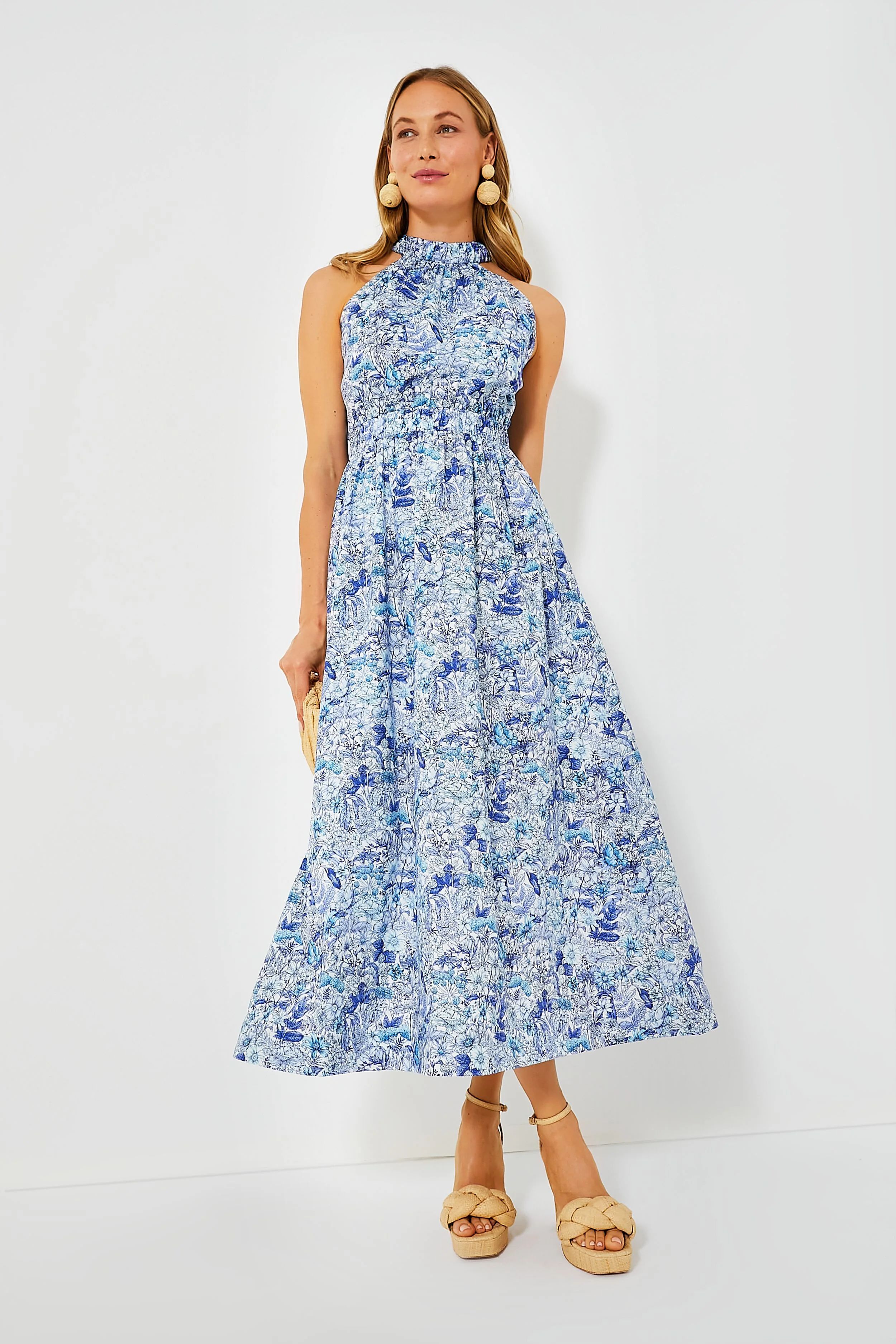 Blue Floral High Neck Heidi Midi Dress | Tuckernuck (US)