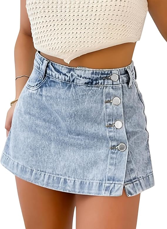 Denim Skort for Women Trendy Slit Mini Denim Skirt Casual Stretchy Jean Skirt with Shorts Summer ... | Amazon (US)