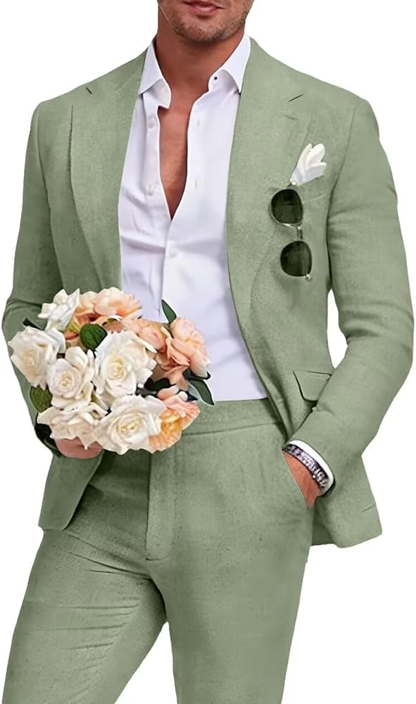 Beige Men's Linen Suit 2 Piece Slim Fit Summer Beach Wedding Dress Prom Party Suit Blazer Jacket ... | Amazon (US)