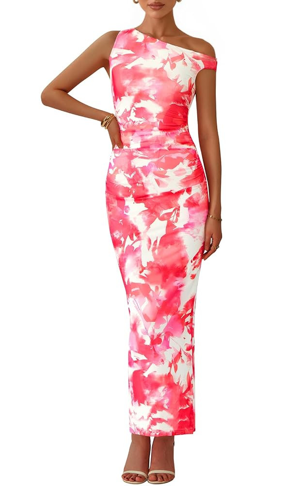 PRETTYGARDEN Women's 2025 Summer Floral One Shoulder Maxi Dress Wedding Guest Ruched Mesh Bodycon... | Amazon (US)