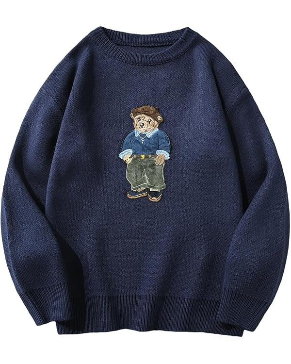 SHENHE Men's Oversized Crew Neck Cute Bear Sweater Vintage Unisex Preppy Graphic Sweater Jumper | Amazon (US)