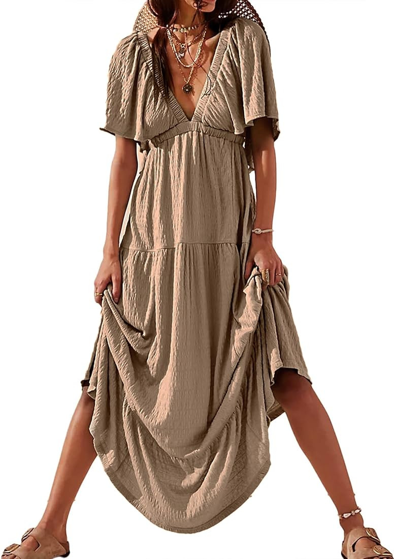 Women's Summer V-Neck, Tiered Silhouette with Flutter Sleeves Maxi Dress for Casual | Amazon (US)