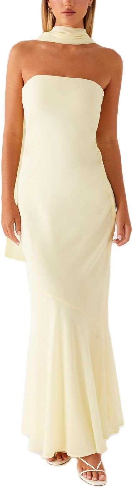 Women Strapless Floral Dress with Sarf Mesh Tube Maxi Dress Summer Cocktail Wedding Guest | Amazon (US)