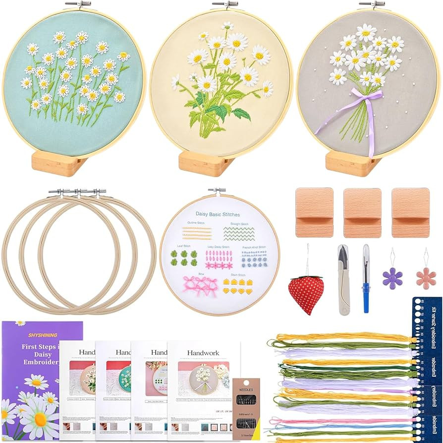 Shyshining Embroidery kit for Adults Beginners,4 Stitch Patterns with 3 Bamboo Hoops & 3 Hoop Sta... | Amazon (US)