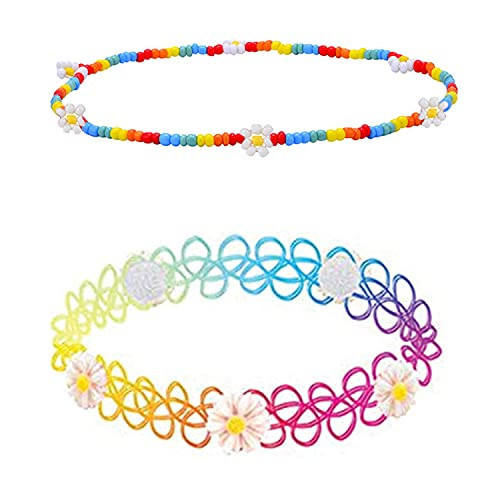 BodyJ4You 2PC Tattoo Choker Necklace - 90s Choker Necklace Women - 2000s Y2K Rainbow Choker - Daisy Flowers Boho Glass Beaded Choker - Colorful Stretchy Elastic Necklace | Amazon (US)