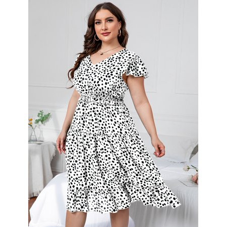 Women s Plus Dalmatian Print Butterfly Sleeve Ruffle Hem Dress 2022 White Casual A044W | Walmart (US)