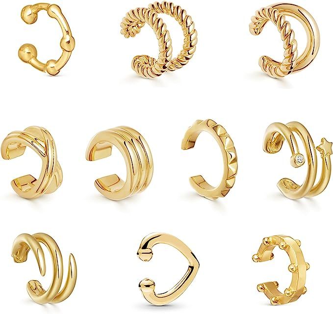Sloong 10pcs Sparkling Ear Cuff pack Gold Dainty Helix Earrings Huggie Stud Cuff Earrings for wom... | Amazon (US)