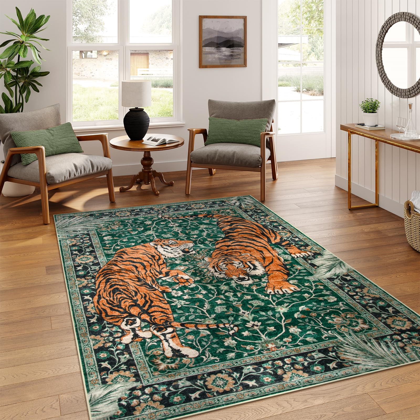 Moynesa Tiger 5x7 Area Rug, Boho Washable Living Room Rug, Non Slip Green Rugs for Bedroom, Ultra... | Amazon (US)