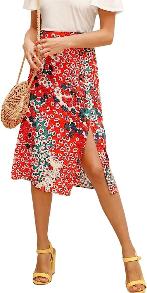 Floerns Women's Boho Floral High Waist Split A Line Midi Skirt | Amazon (US)