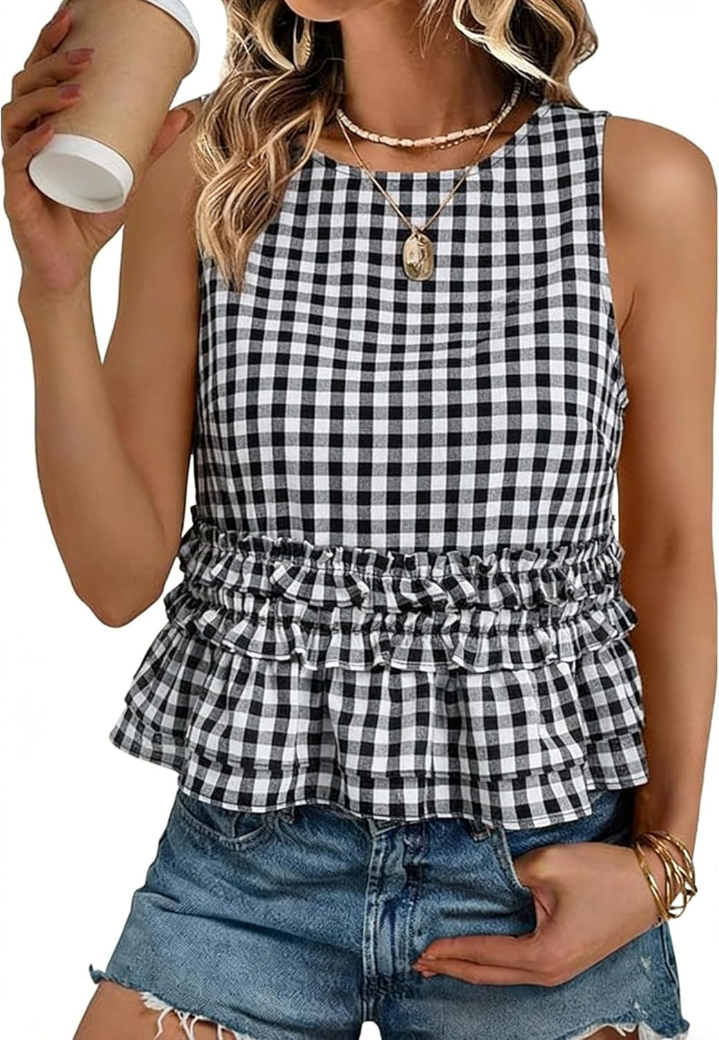 Womens Summer Gingham Sleeveless Tank Tie Back Tiered Ruffle Top | Amazon (US)
