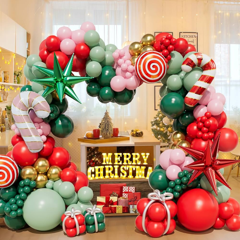 196PCS Christmas Balloon Garland Arch kit with Red Green Pink Gold Christmas Balloons Candy Cane ... | Amazon (US)
