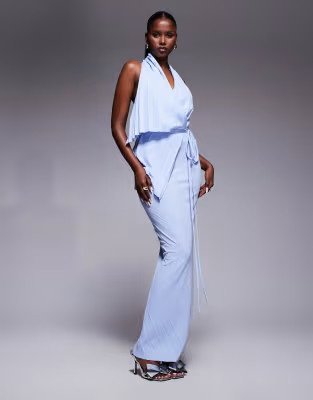 ASOS DESIGN pleated plunge maxi dress with asymmetric wrap detail in light blue | ASOS (Global)