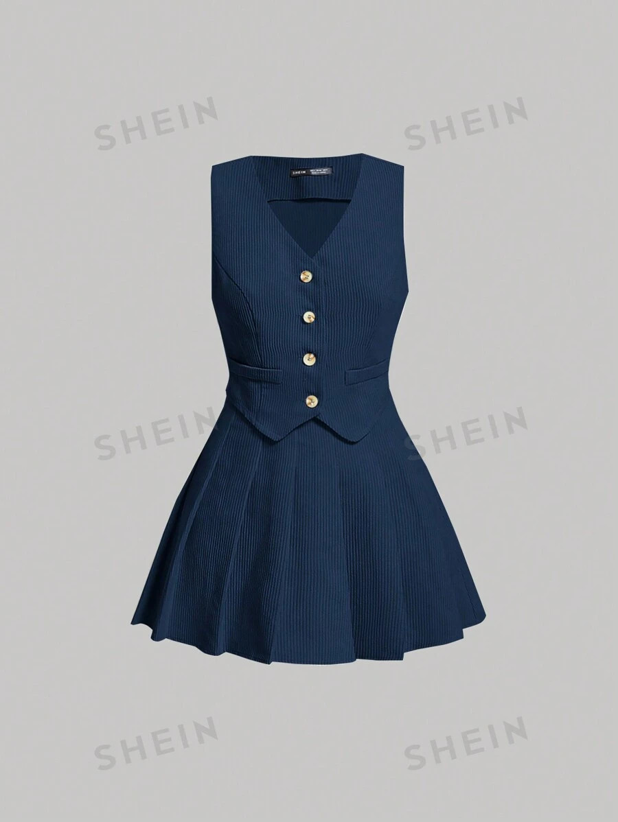 SHEIN MOD Ladies' Corduroy Suit Vest And Pleated Skirt Set | SHEIN