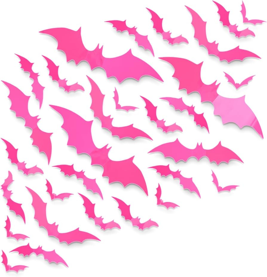 Whaline 72Pcs Halloween Bat Wall Stickers Hot Pink Plastic Waterproof Decorative Decals 3D Wall D... | Amazon (US)