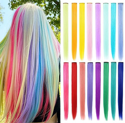 SARARHY 16 PCS Women Girls Hair Accessories Rainbow Colored Hair Extensions Clip in Holiday Party Highlights 21 inch Straight Synthetic Rainbow Hairpieces | Amazon (US)