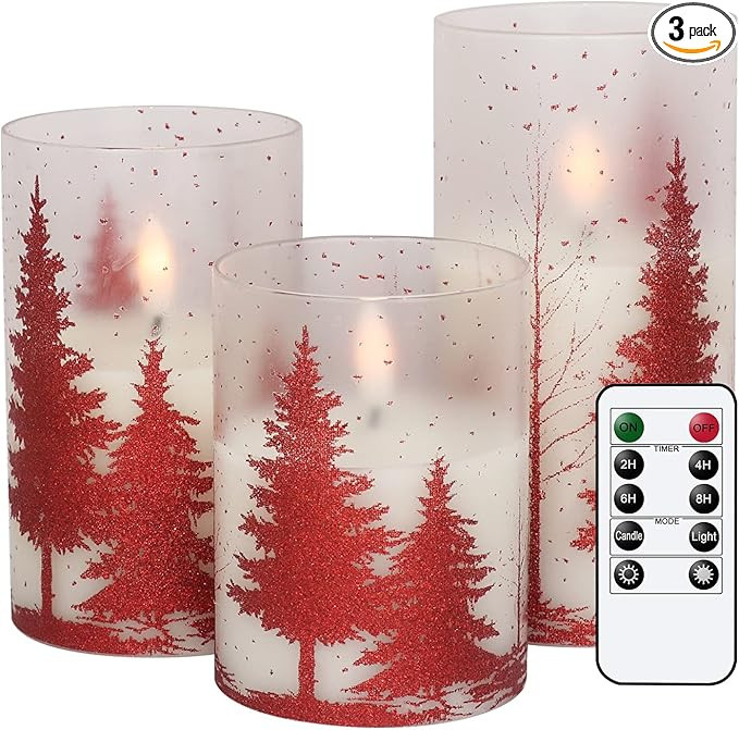 DRomance Christmas Tree Glass Flameless Candles with Remote Timer Battery Operated Real Wax 3D Wi... | Amazon (US)
