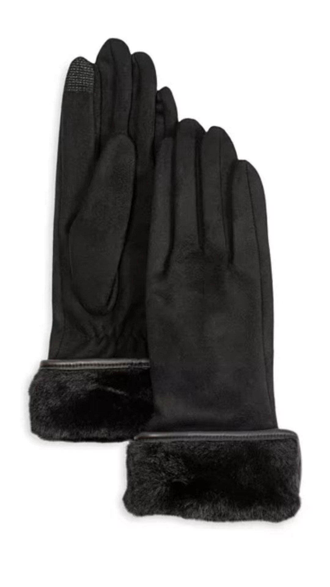 Faux Fur Cuff Stretch Tech Gloves
Chestnut/Black
* Touch sensitive technology in thumb and index finger (see photo) 
* Compatible with iPhones, iPads and other touch-screen devices
* Stretch fit
* Turned-up cuff with faux fur finish

#LTKSaleAlert #LTKGiftGuide #LTKSeasonal