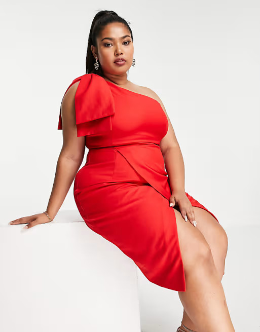 Lavish Alice Plus bow shoulder wrap midi dress in red | ASOS | ASOS (Global)