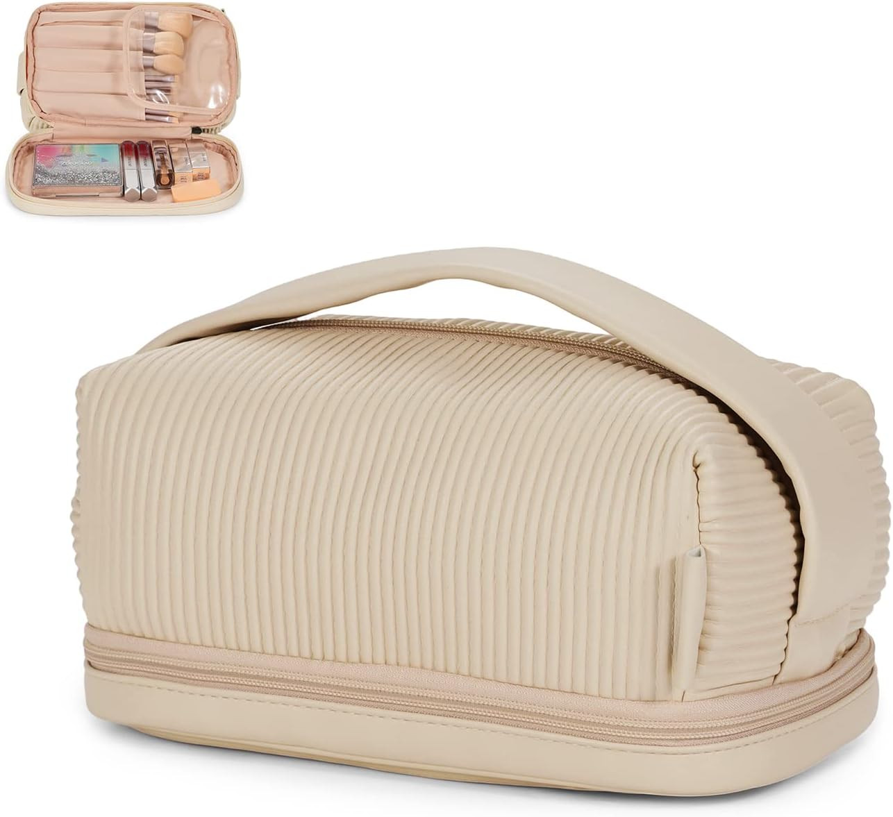 Travel Cosmetic Bag Large Capacity Travel Makeup Bag for Women, Leather Double Layer Makeup Bag w... | Amazon (US)