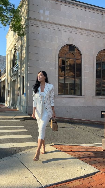 Kat Jamieson wears a white ribbed knit dress, Claire Rose X NAKD blazer and nude heels to date night. Pinstripe, stripes, neutral style, classic outfit, workwear, office, Fendi. 

#LTKworkwear #LTKunder50 #LTKunder100