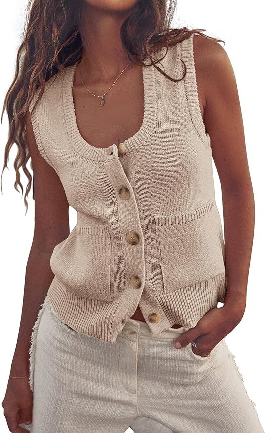 PRETTYGARDEN Women's 2024 Summer Vests Sleeveless Button Down Knitted Tank Tops Casual Y2K Sweate... | Amazon (US)
