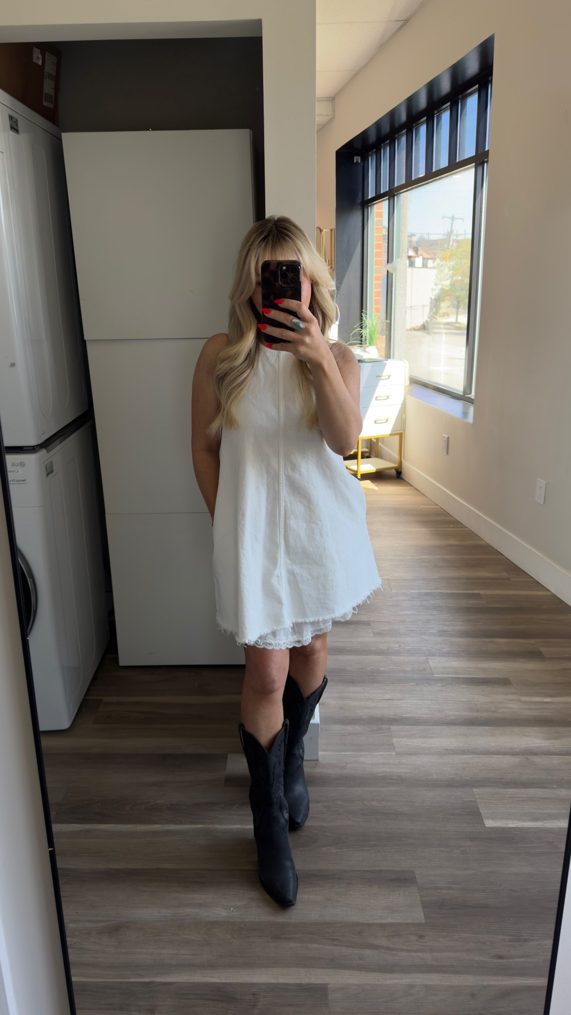 White spring denim dress size small (runs big) 
Wearing lace shorts underneath size small 
Black western boots size 7 

#LTKBeauty #LTKootd #LTKFestival