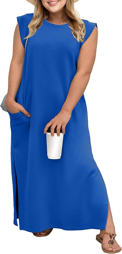 OLRIK Plus Size Maxi Dresses for Curvy Women 2026 Summer Casual Cap Sleeve Split Long Dress with ... | Amazon (US)