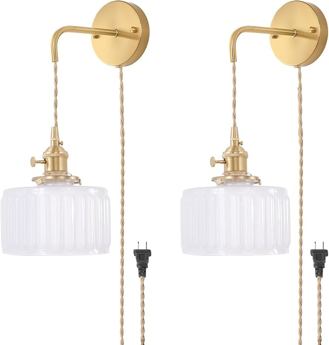 Shenmoyl Vintage Wall Sconce with White Striped Glass Shade Hanging Wall Sconce with 4.9FT Plug i... | Amazon (US)