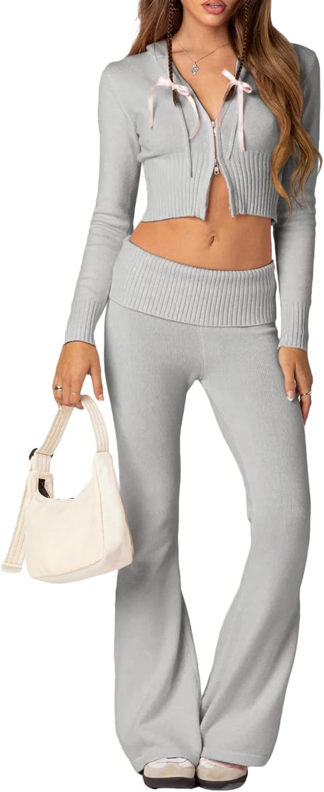 Women's Ribbed Knit 2Pcs Outfits Long Sleeve Zip Up Hooded Sweater Top Flare Skinny Pants Set Y2K... | Amazon (US)
