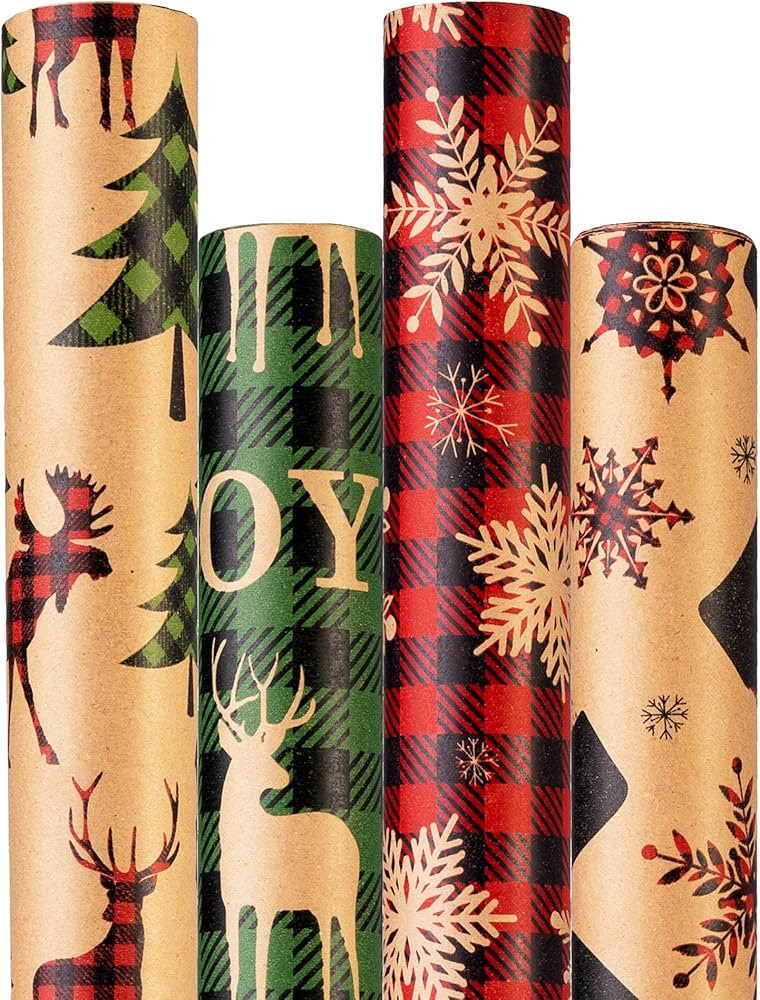 Christmas Wrapping Paper, Holiday Kraft Gift Paper (4 Rolls: 93 sq. ft. ttl) - Red/Green and Blac... | Amazon (US)