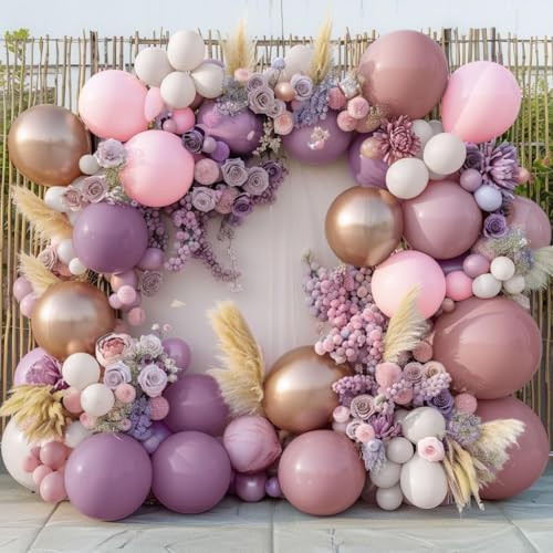 Dusty Purple Pink Balloon Garland Double Stuffed Boho Lavender Sand White Balloon Pastel Pink Lilac Gold Balloons Arch Kit for Wedding Birthday Bridal Baby Shower Floral Butterfly Party Decoration | Amazon (US)