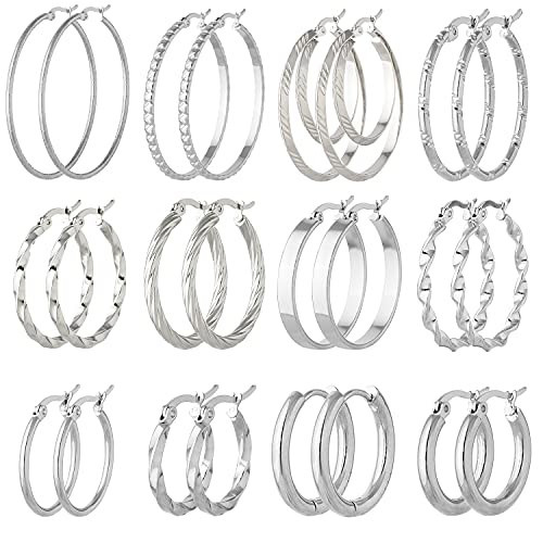 Jinxiuge 12 Pairs Silver Hoop Earrings Set Stainless Steel Twisted Round Small Chunky Hoop Earrings for Women Teen | Amazon (US)