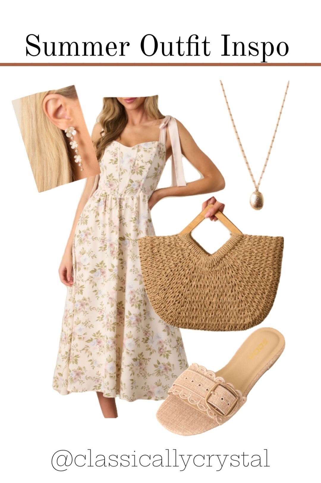 Summer outfit inspo from Red Dress, cute casual or dressy summer outfit inspiration to look cute on those warm summer days. Flora dress with slide sandals, gold necklace, flower earrings, and a straw purse. #womenfashion #ltksummer #ltkdress #reddress #ltkreddress #cottagedress #cottagestyle 

#LTKSeasonal #LTKFindsUnder100 #LTKSummerEdit