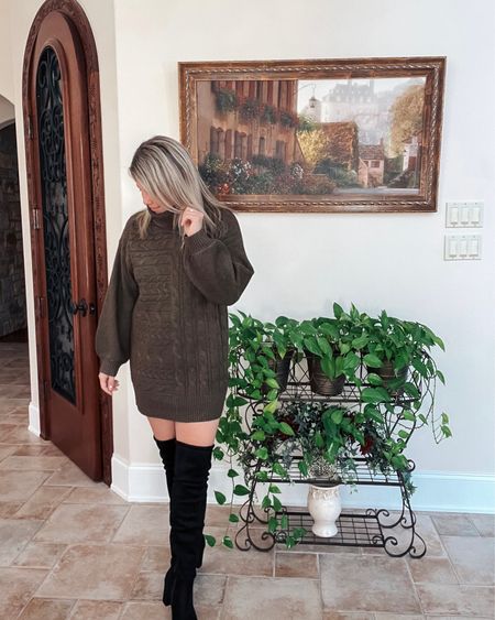 Style inspo - a chunky sweater dress and otk boots. This turtleneck dress is so soft. These OTK boots are affordable & they stay up! I’m going on my 3rd year of having them, and they’re as good as new.

#LTKSeasonal #LTKshoecrush #LTKstyletip