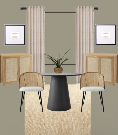 Cozy, natural & neutral dining room. Jute style rug, came and black chairs, round black table, affordable rattan cabinets, linen curtains. The wall color is honed soapstone by Sherwin Williams.

Items by: target, Walmart, wayfair


#LTKhome #LTKfindsunder100