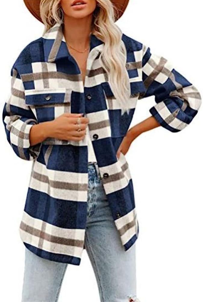 happlan Long Sleeve Casual Plaid Shacket Jackets Shirts Lapel Tweed Pea Coat for Women | Amazon (US)