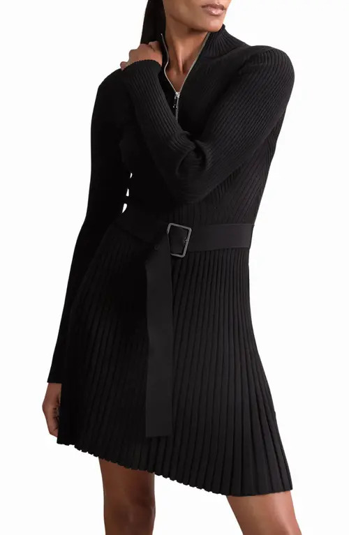 Reiss Vienna Half Zip Long Sleeve Rib Sweater Dress in Black at Nordstrom, Size Medium | Nordstrom