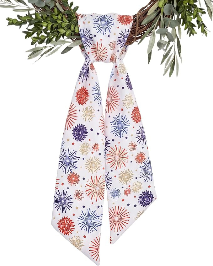 Patriotic Wreath Sash for Front Door, 4th of July Firework Print Wreath Ribbon, Red White Blue St... | Amazon (US)