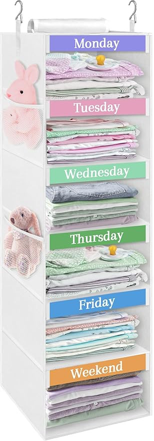 punemi Weekly Clothes Organizer for Kids, 6-Shelf Hanging Closet Storage with Side Pockets, Days ... | Amazon (US)