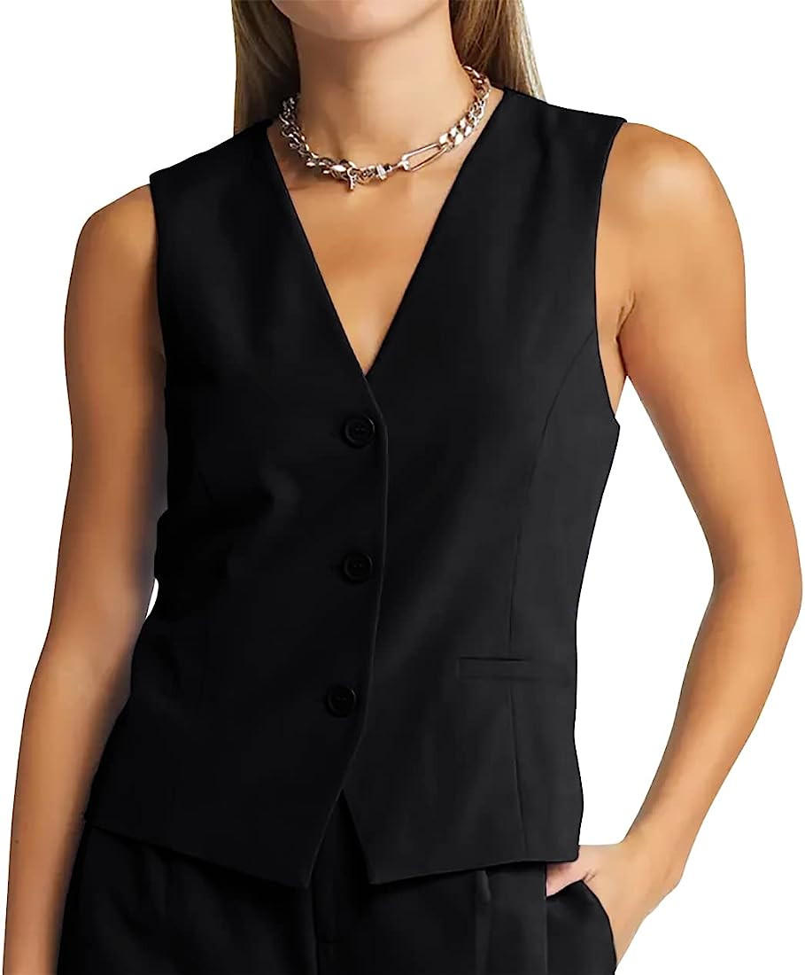 GAMISOTE Women Buttons Vest Crop Vintage Sleeveless V Neck Elastic Chiffon Waistcoat | Amazon (US)