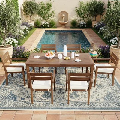 7-Piece Acacia Wood Outdoor Dining Set With Cushions, Spacious Table And Stackable Chairs For Versatile Use | Wayfair North America