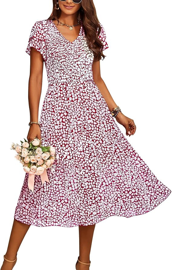 BTFBM Women Casual Summer Dresses Wedding Guest Dress | Ruffles Tiered Sleeves, Smocked,V Neck,Mi... | Amazon (US)