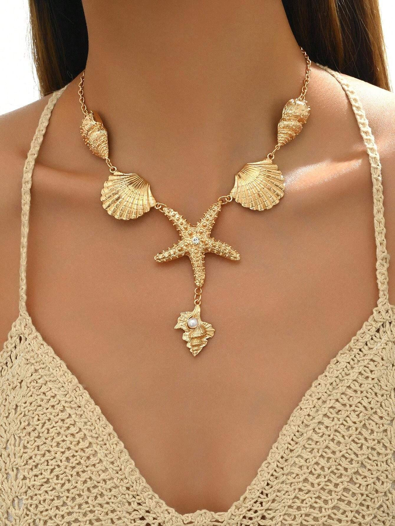1pc Gold-Tone Exaggerated Y-Shaped Necklace With Oceanic Creatures Seastar, Shell And Conch Penda... | SHEIN