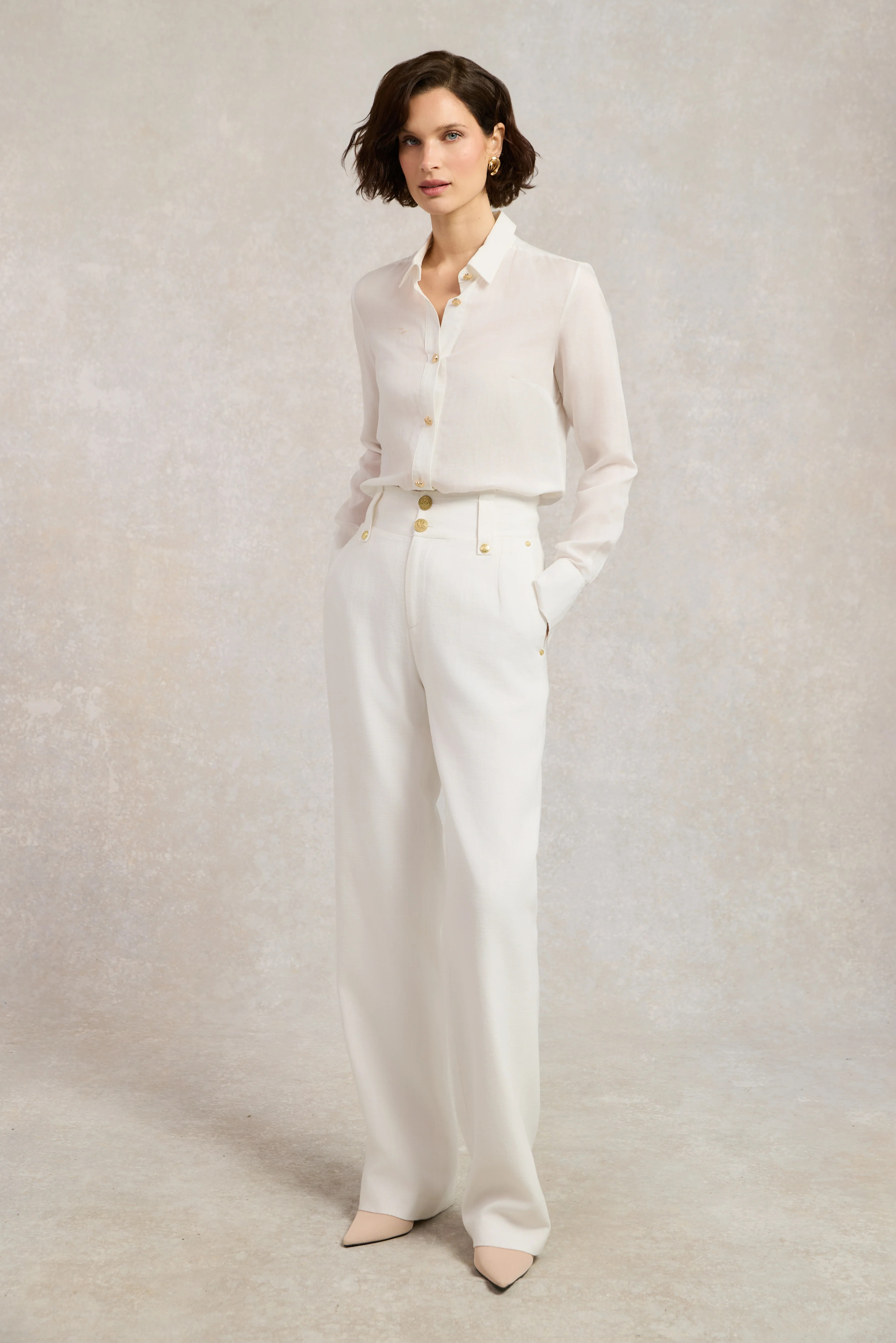 High Waisted Straight Trouser (Oyster Linen) | Holland Cooper