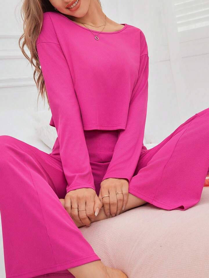 Women'S Solid Color Drop Shoulder Homewear Set | SHEIN